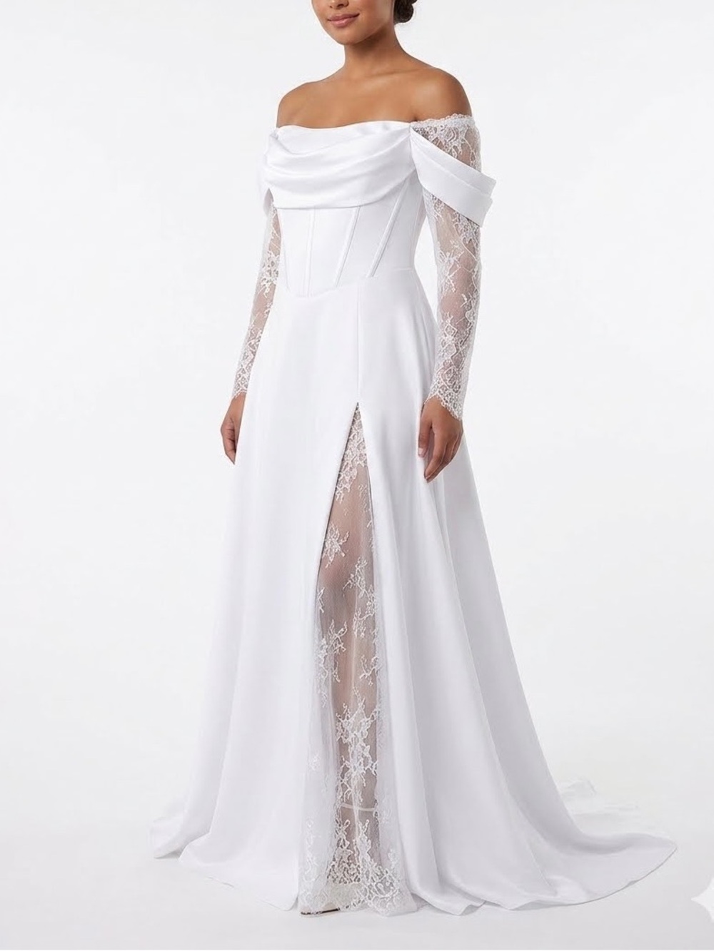 Satin Off-the-Shoulder Corset Wedding Dress Lace Sleeve Slit Size 20 NWT